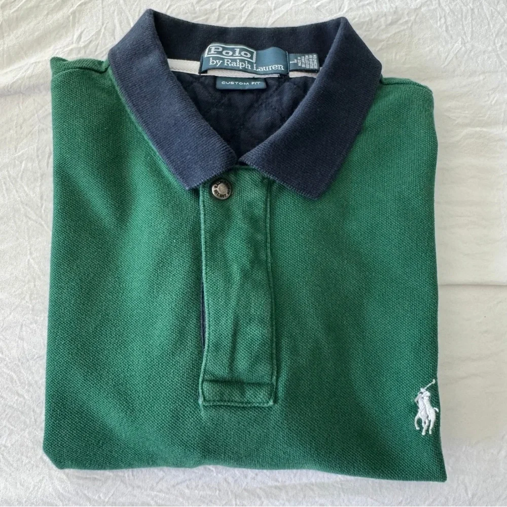 Polo Ralph Lauren Men’s Vintage Green Polo L Navy Collar Zip Snap‎ Closure EUC